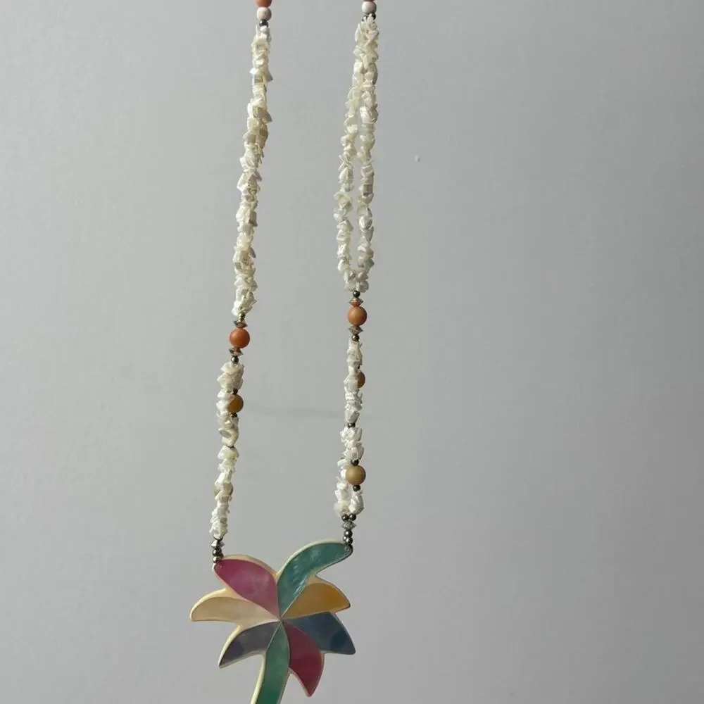 1980s Lee Sands Mother of Pearl Mosaic Palm Tree Pendant Necklace